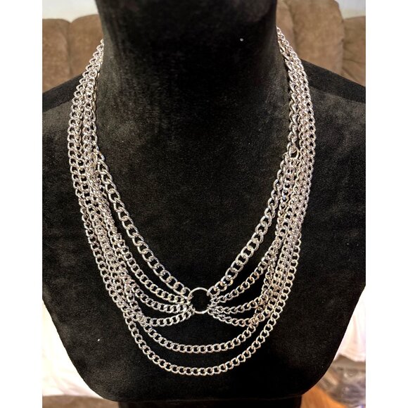 Layered Statement Back Necklace Silver Tone Chunky Curb Chain Pattern Princess - Picture 1 of 10
